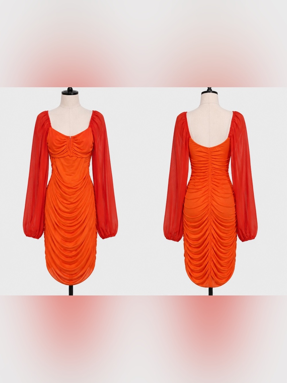 Ruched Orange Midi Dress with Sheer Long Sleeves
